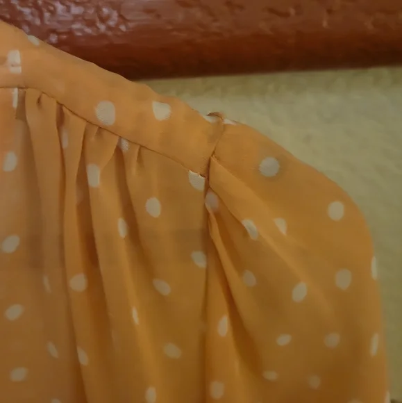 Sheer peach chiffon blouse with white polka-dots. Pearl and gold buttons. Size L - Picture 6 of 12